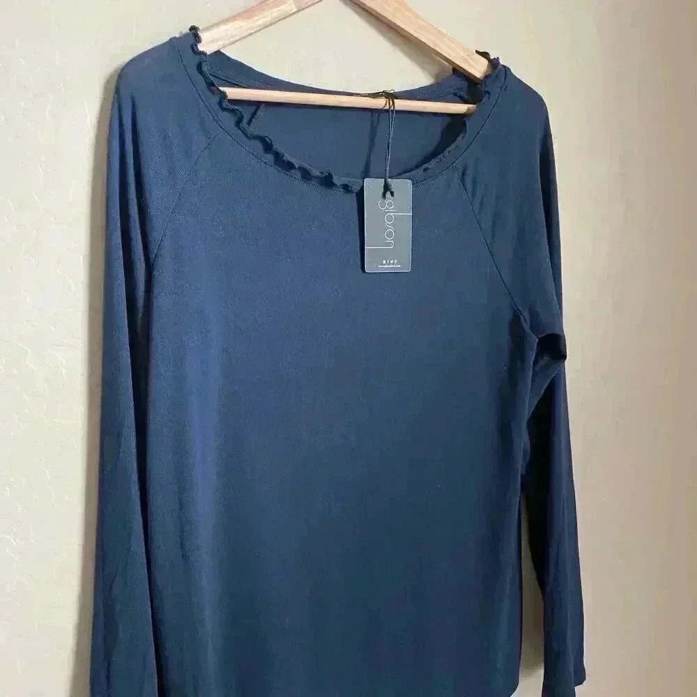 Gibson Ruffled Edge Raglan Pullover Navy - Picture 9 of 9